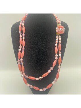 Vintage Double-Strand Pink Beaded Necklace Floral Molded Glass Facet Crystal 17"